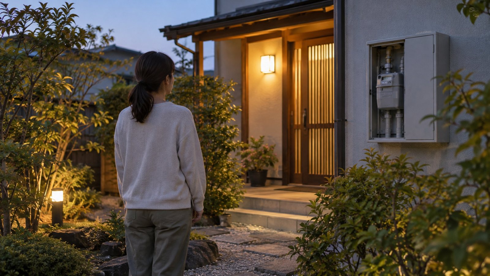 夕方の家の外で契約確認を考える一人の住人