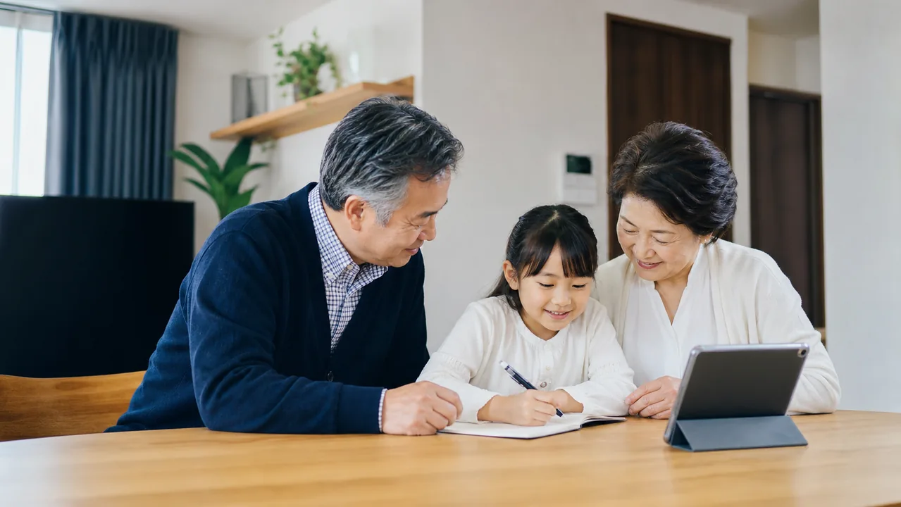 親子三世代で子どもの将来資金について穏やかに話し合う様子