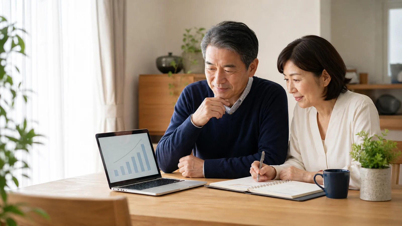 60代夫婦が自宅で新NISAの資金計画を確認している様子