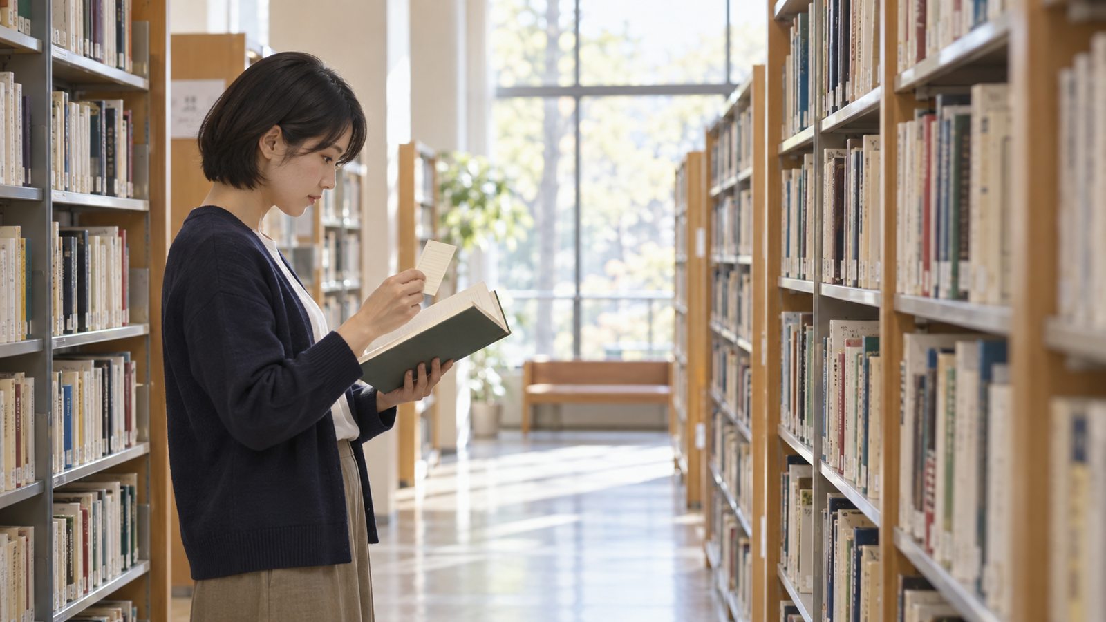 図書館の本棚の間で貸出票を確かめる一人の読者、旧制度の期限を確認する比喩写真