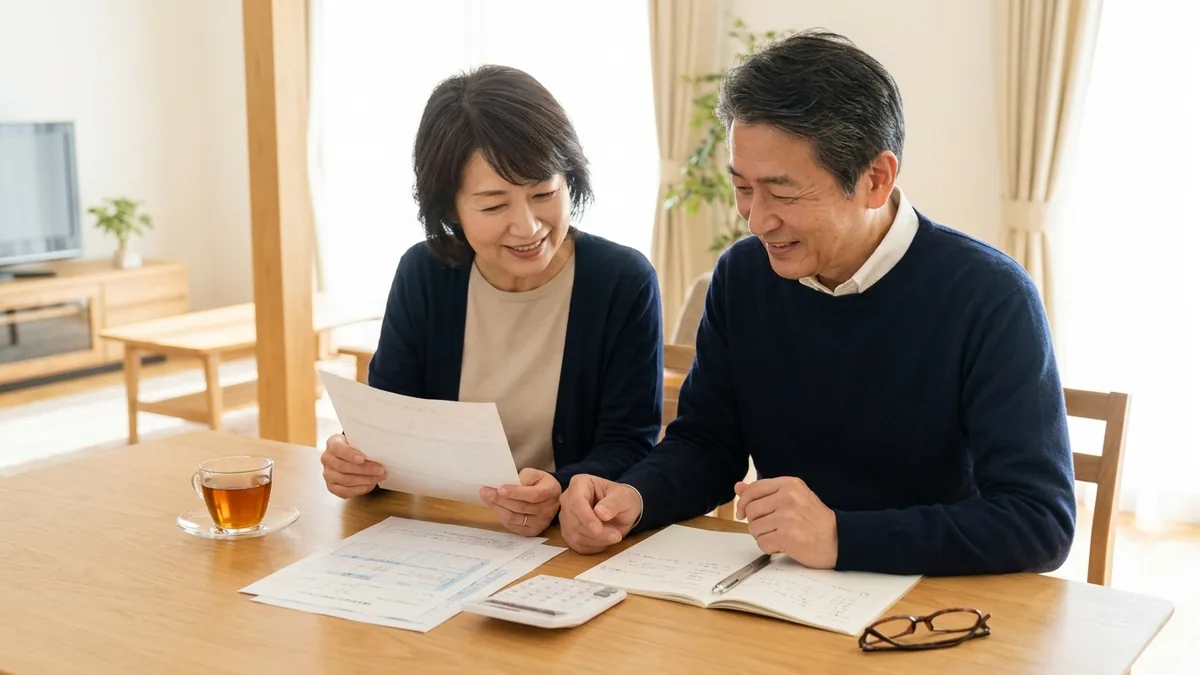 60代の年金と老後設計 — ねんきん定期便と家計を確認する夫婦のイメージ