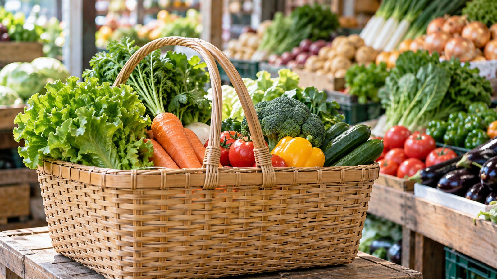 青果店で野菜を入れた買い物かご