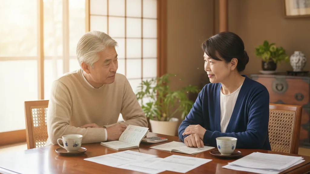 60代夫婦が自宅で退職金の使い道を話し合っている様子