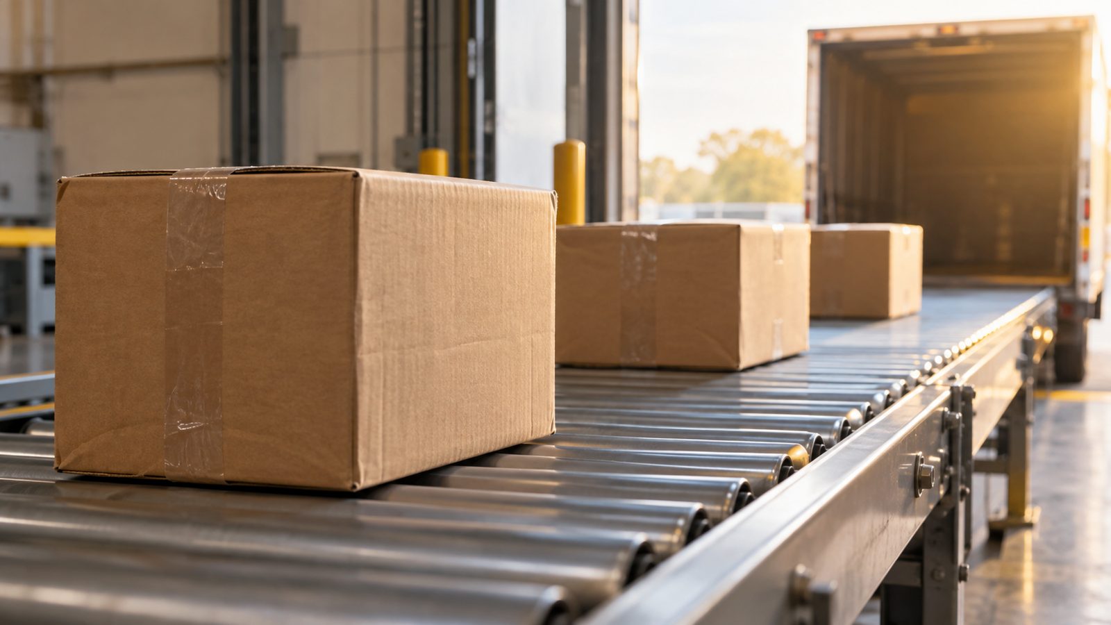 搬送ラインから出荷口へ進む荷物、受付と到着日の違いの比喩写真