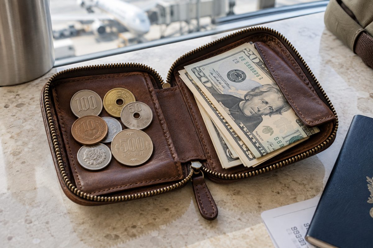 円硬貨と米ドル紙幣が旅行用財布の両側にある、両替の方向を考えるイメージ写真