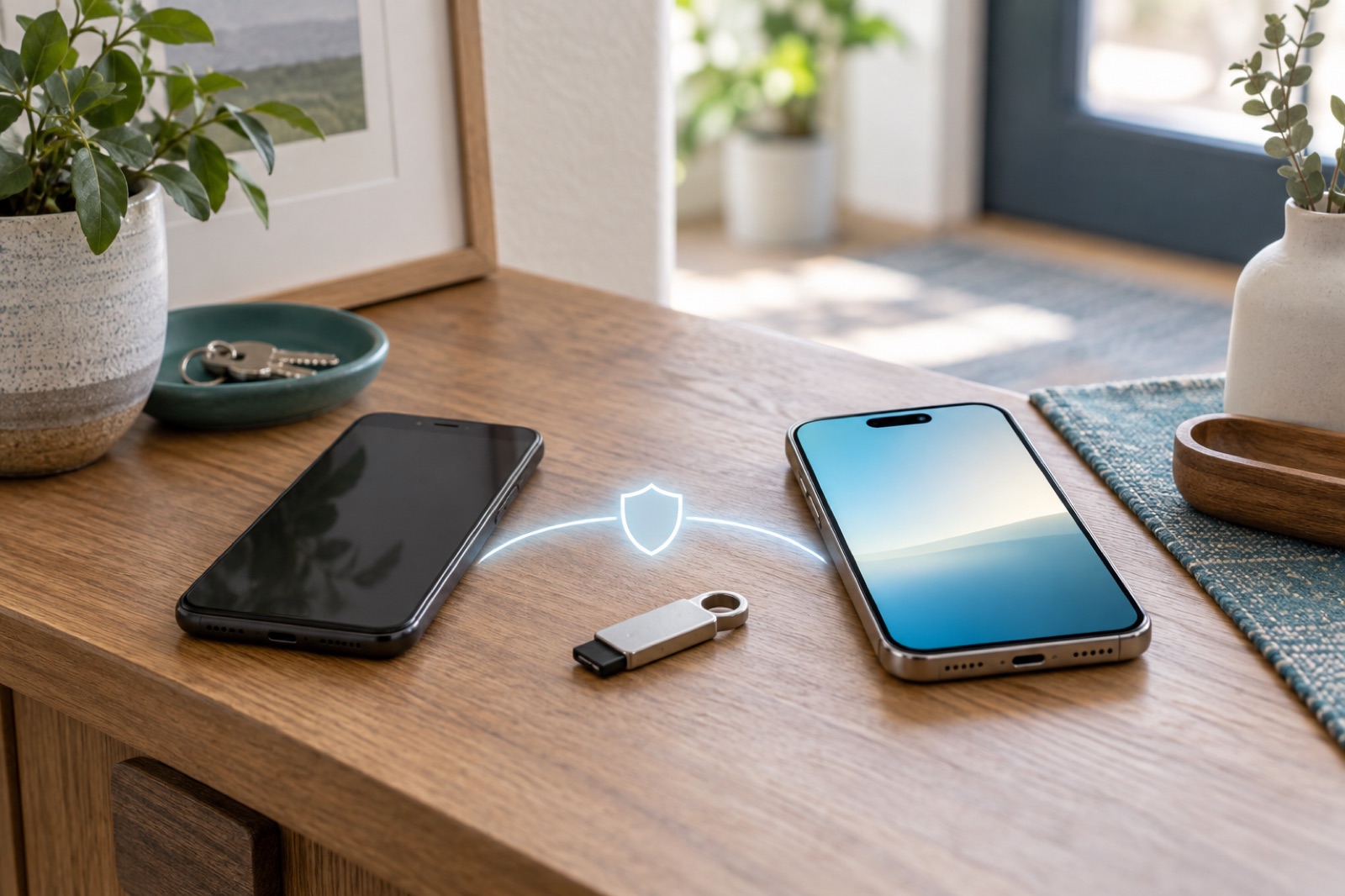 古いスマートフォンから新しいスマートフォンへ認証を安全に移す様子