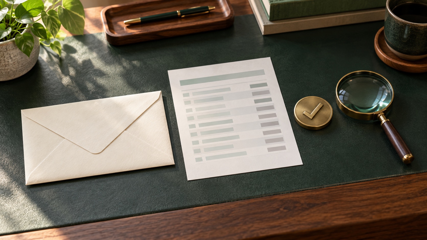 配当金の入金記録と通知書を照合するための封筒と明細と虫眼鏡