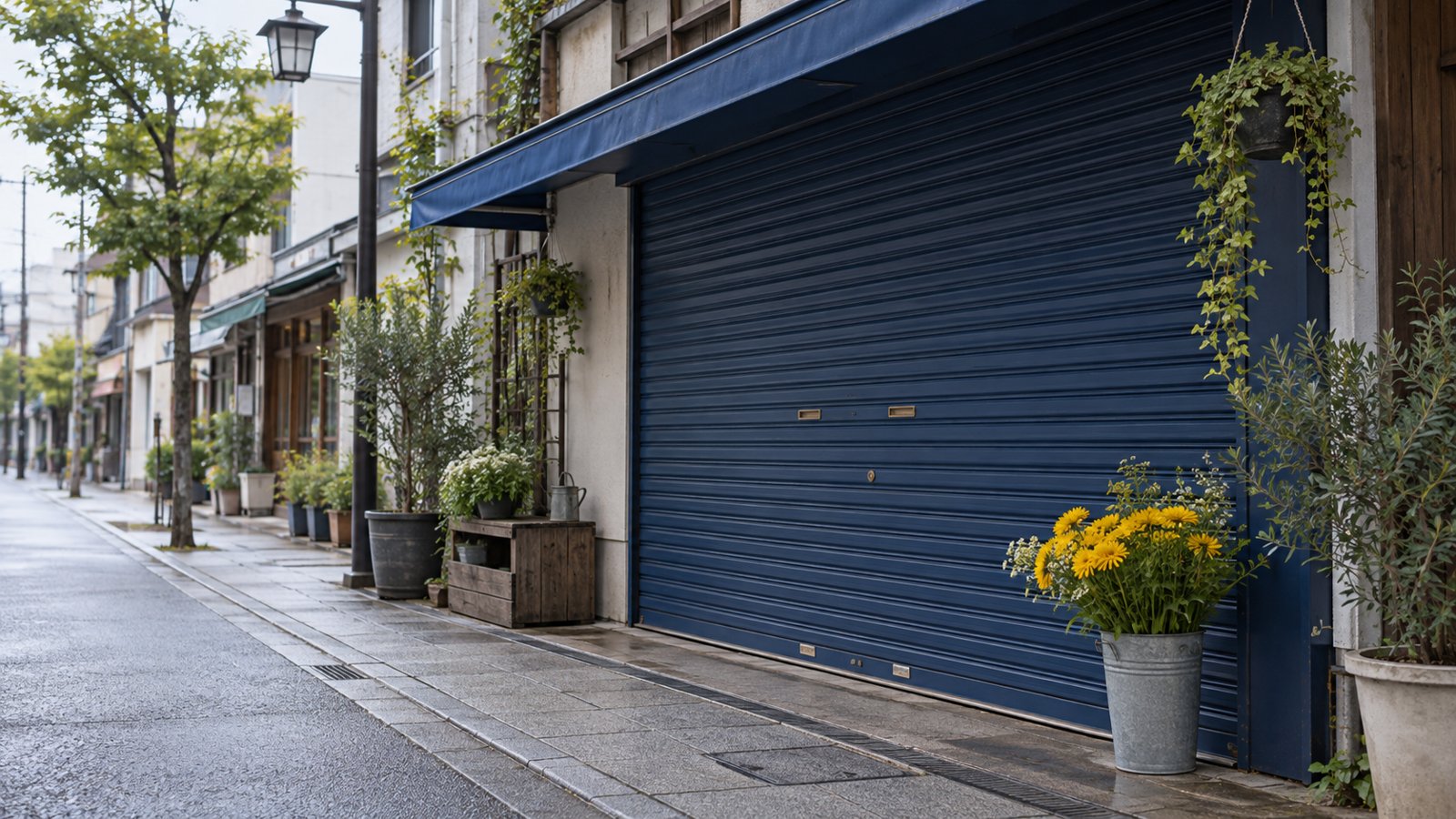 商店街にある紺色の閉まったシャッターと黄色い花