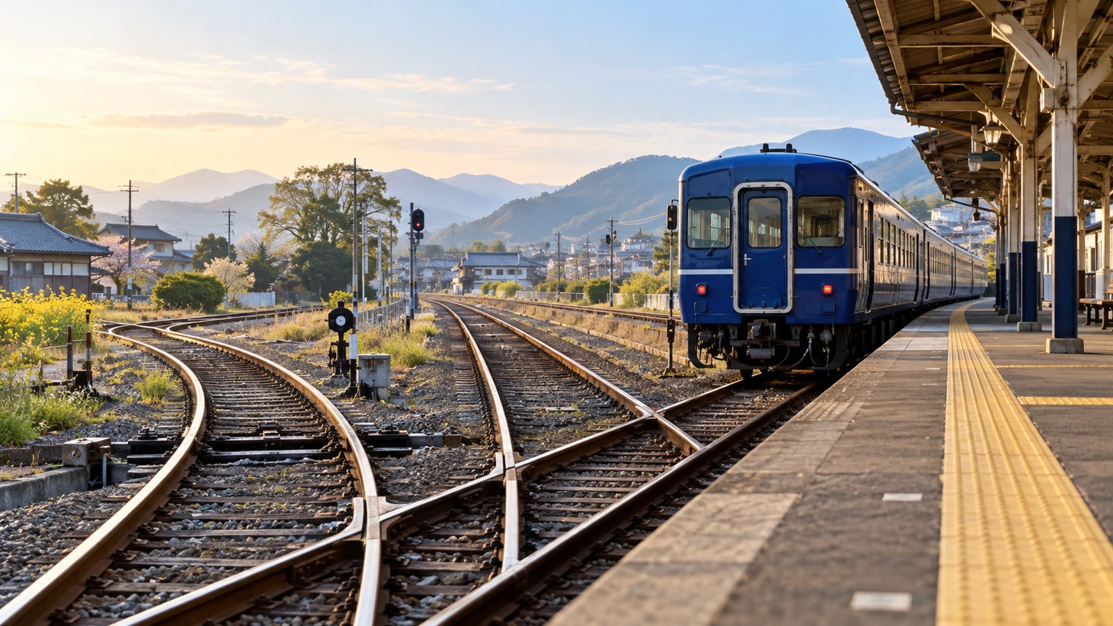 分岐する線路と駅に停まる青い列車
