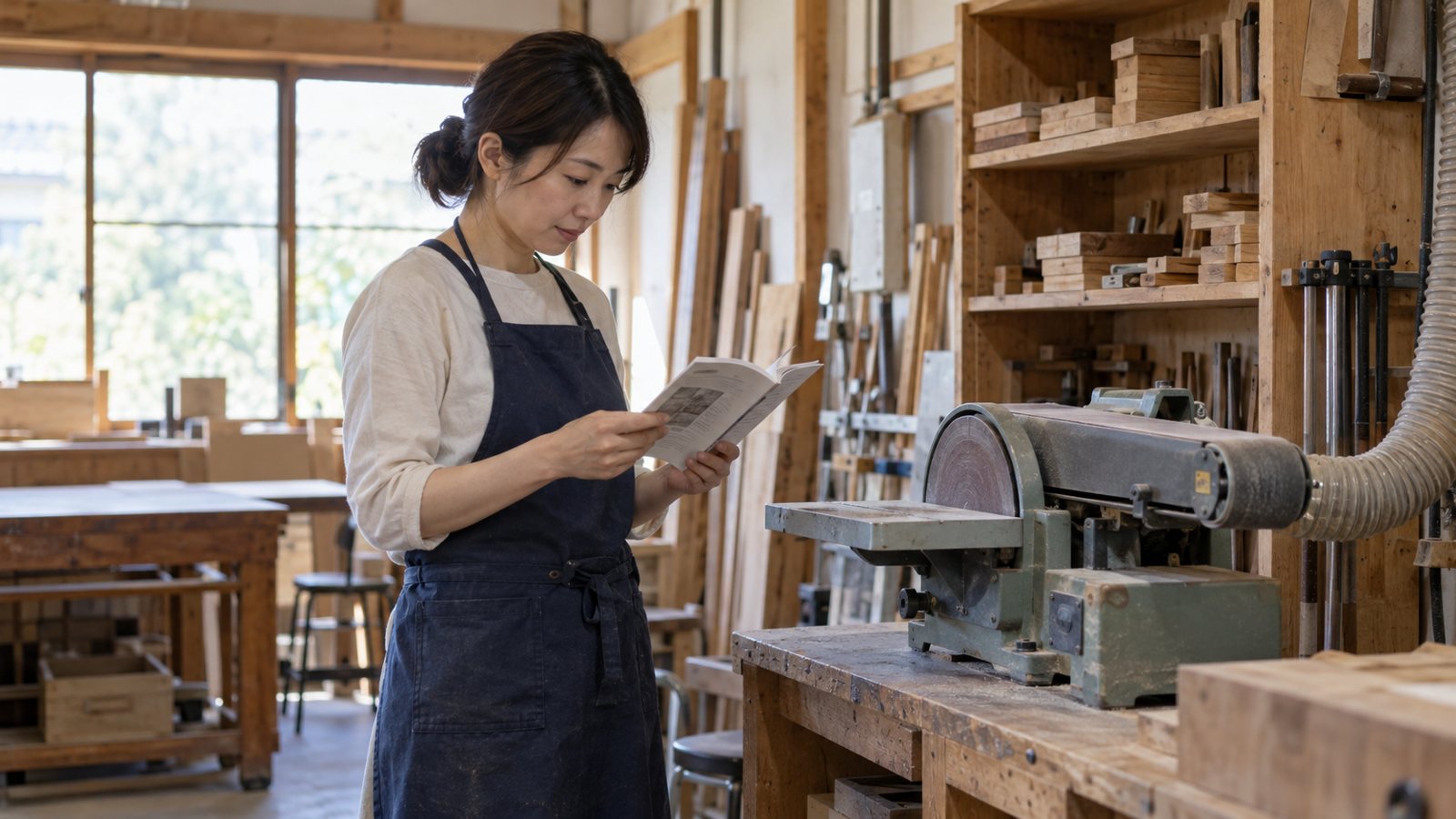 木工教室で道具を使う前に説明書を読む女性、重要書面を理解する作業の比喩写真