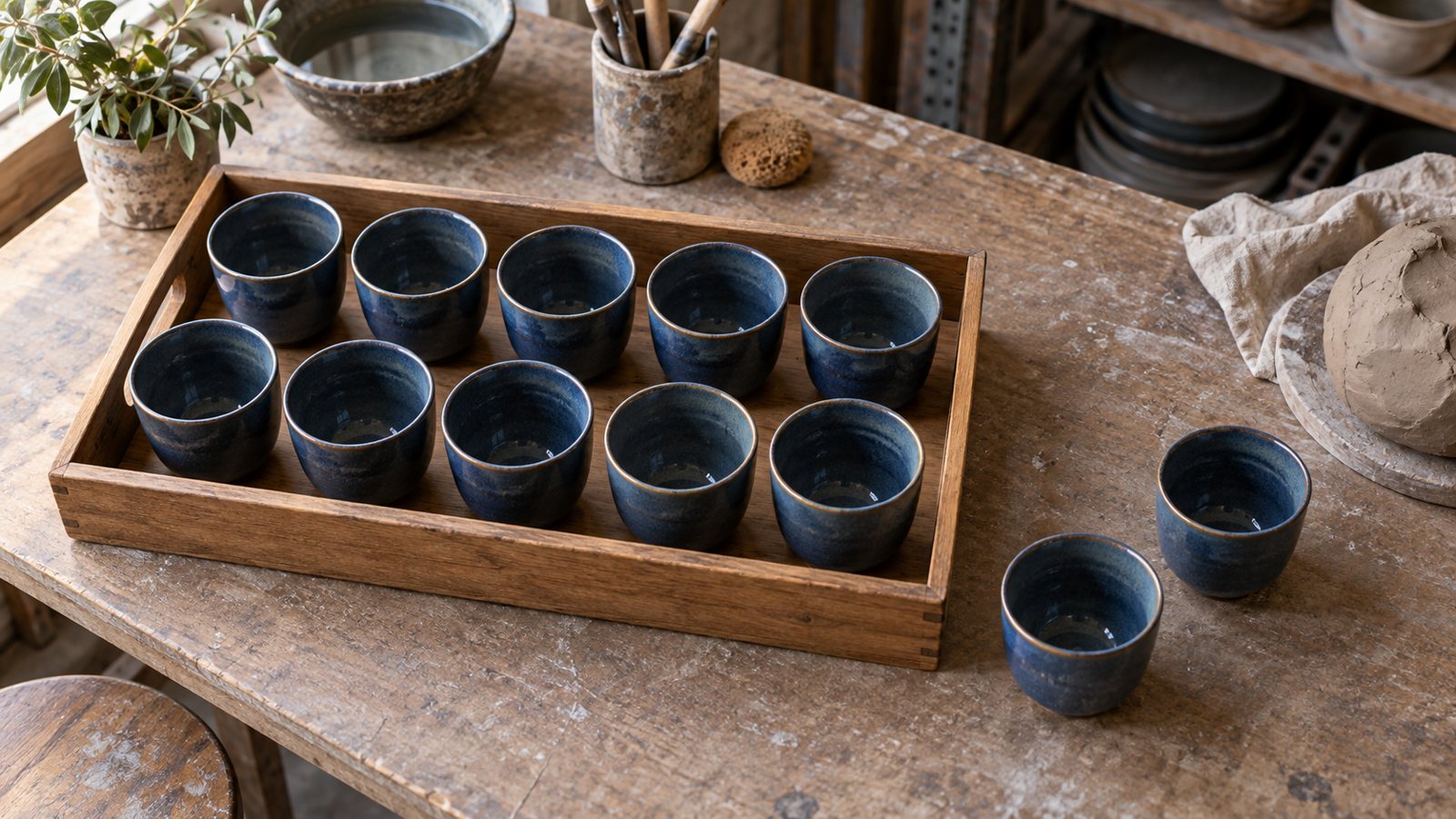 まとまった陶器のカップと別に置いた二つのカップ