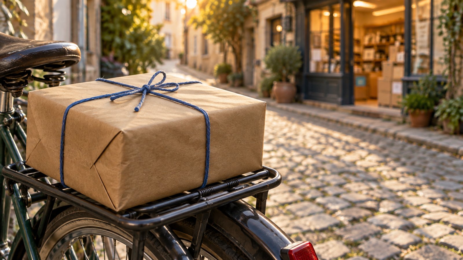 自転車の荷台に載ったひも付きの小包