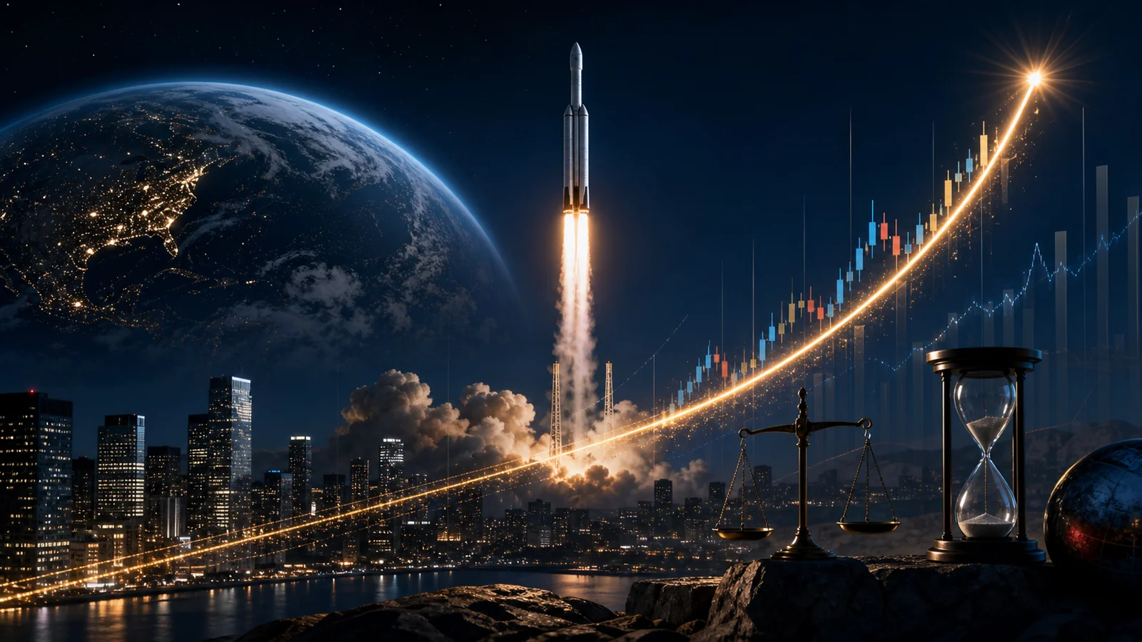 宇宙へ向かうロケットと上昇する株式市場を表現した金融ニュース画像